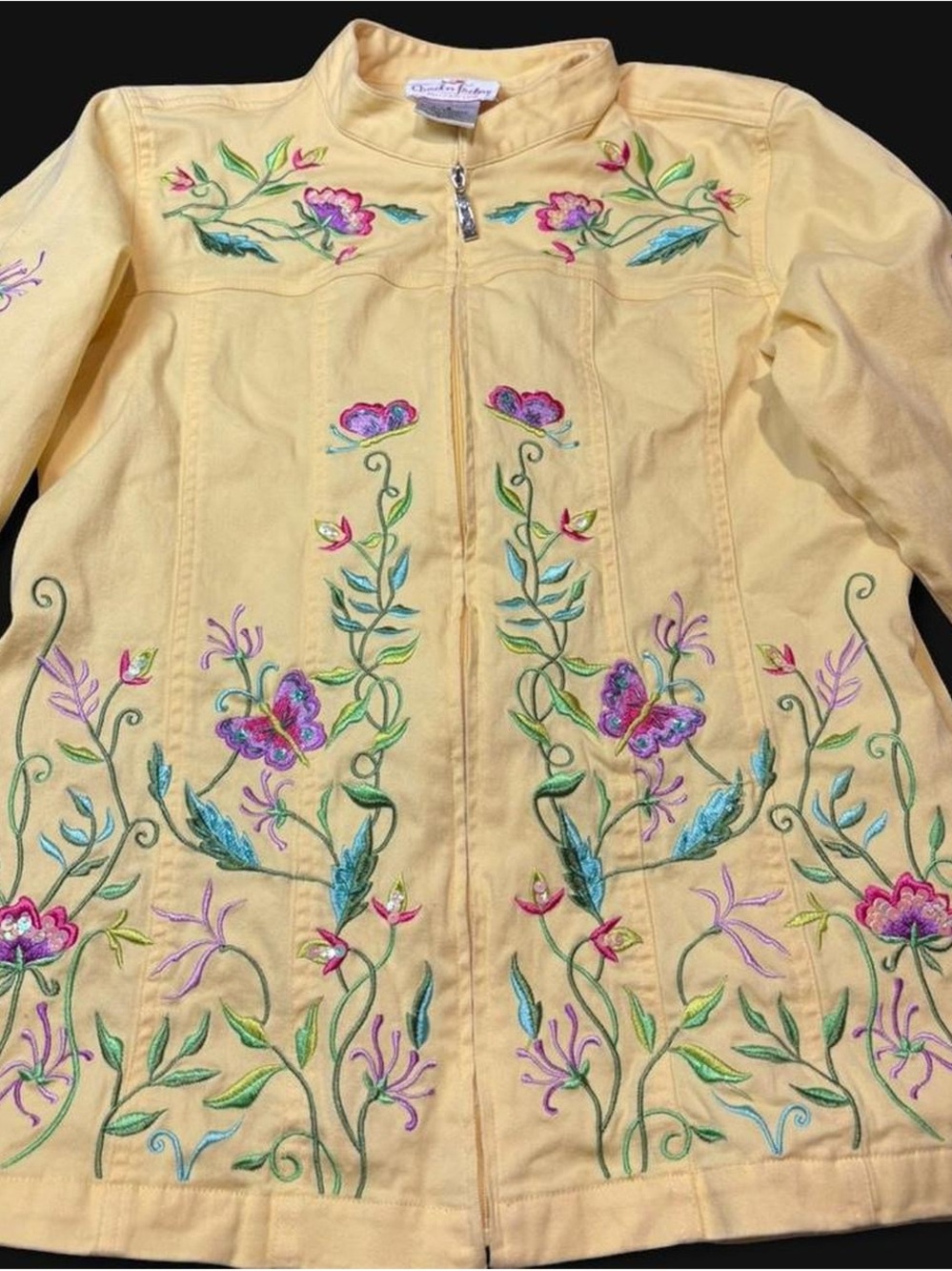 Quacker Factory Yellow Embroidered Floral & Butterfly Jean Jacket